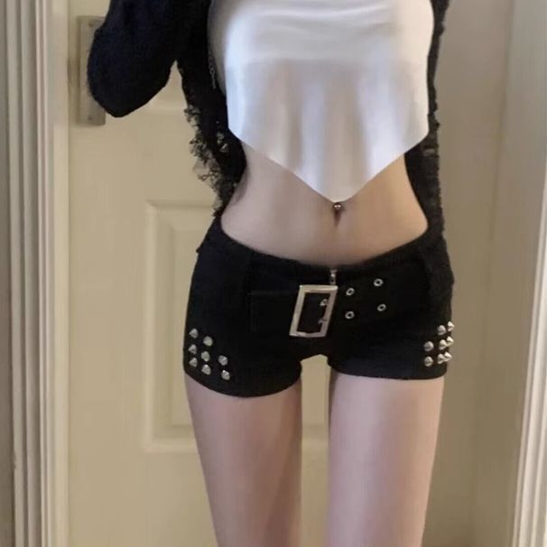2025s Spicy Girl Dark Y2K Studded Low Waist Ultra Short Denim Shor For Women New Pure Desire Versatile Tight Bodycon Hot_ecoleips.com