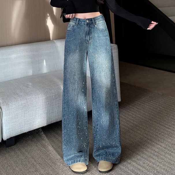 Women's Clothing Versatile Rhinestone Straight Leg Wide Leg Jeans Petite Regular Thickness Polyester Solid Pattern England Style Fashion_ecoleips.com