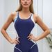 Women's One Piece Swimsuit Conservative Color Block Backless Back Swimwear_ecoleips.com