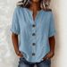Women's V Neck T-Shirt Loose Fit Solid Color Button Detail Summer Top American Style_ecoleips.com