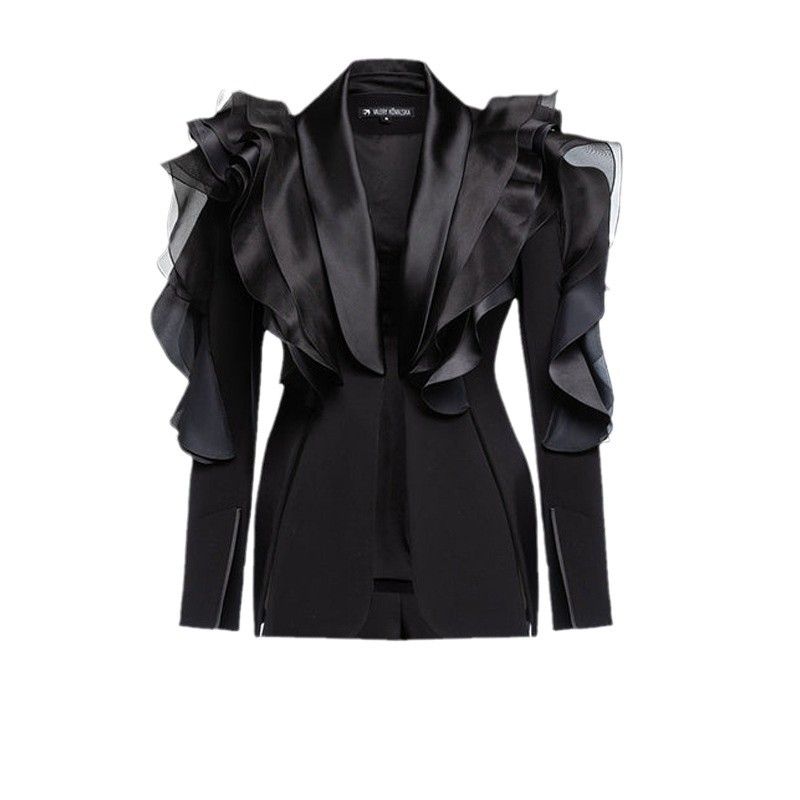 Niche Design, High End Goddess Style, Black Three Dimensional Splicing Ruffled Suit, Asymmetrical Slim Fit Suit_ecoleips.com