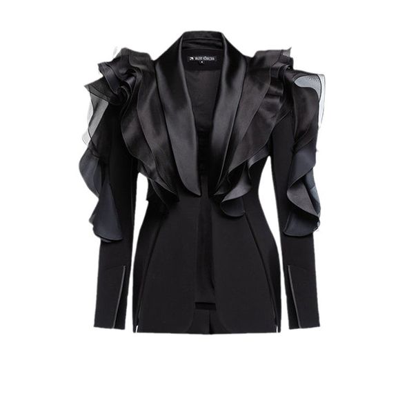 Niche Design, High End Goddess Style, Black Three Dimensional Splicing Ruffled Suit, Asymmetrical Slim Fit Suit_ecoleips.com