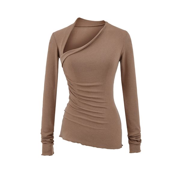 Women's Asymmetric Neck Slim-Fit Long Sleeve T-Shirt & Flared Pants Set – Pure Y2K Aesthetic | Cotton Blend | S-L | Matching Outfit |_ecoleips.com