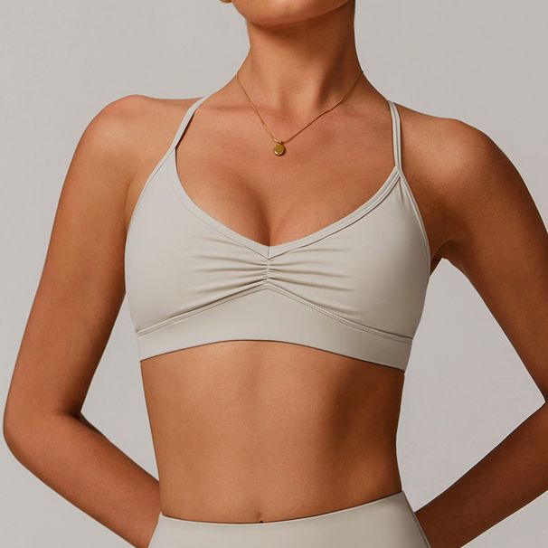 Women's Quick Drying V-Neck Yoga Bra Cross Back Gathered Sports Fitness Underwear for Running_ecoleips.com