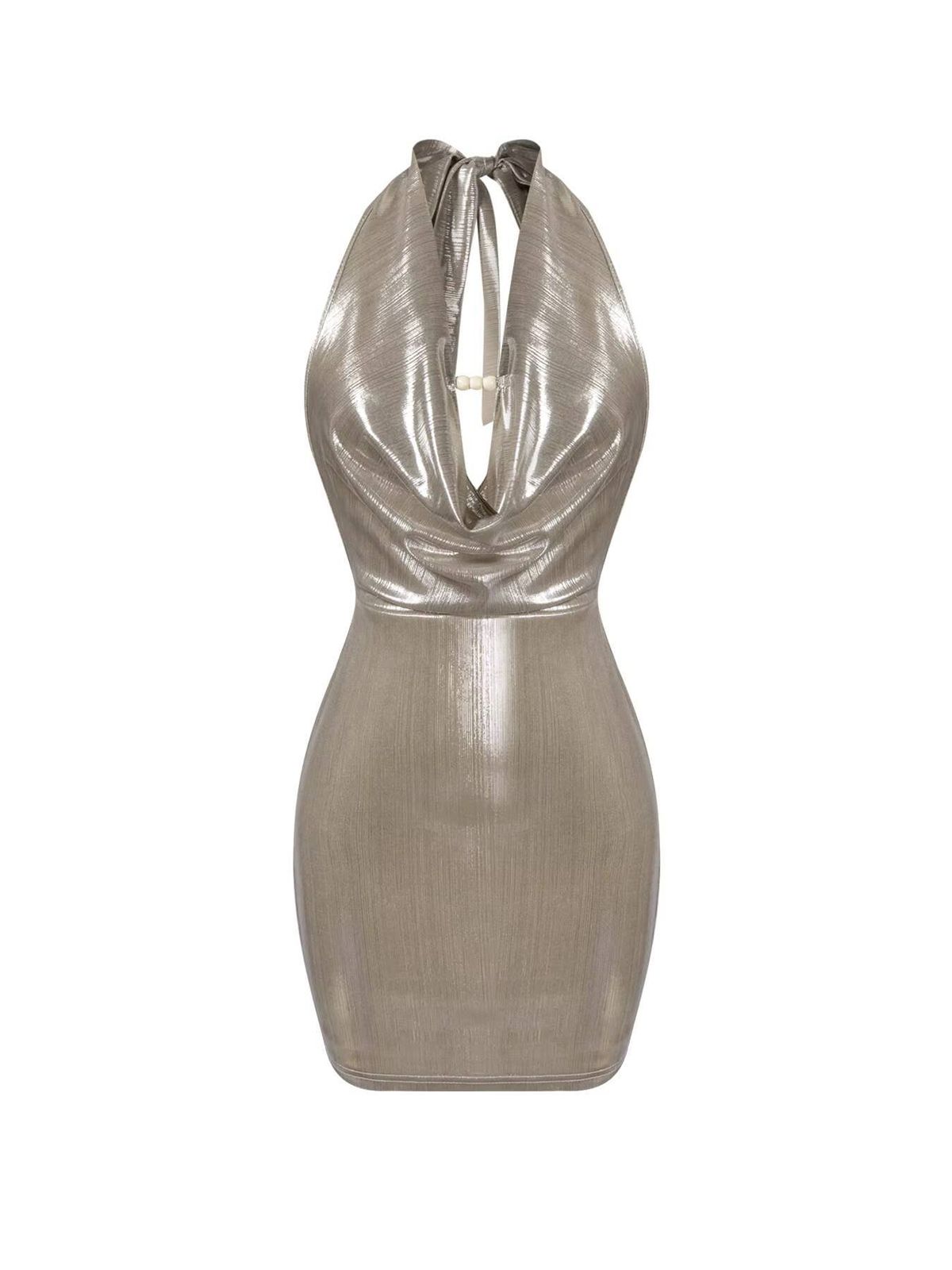 Women Gold Halter Dress Deep V Neck Shiny Metallic Fabric Twist Front Bodycon Mini Sexy Evening Party Club Date_ecoleips.com