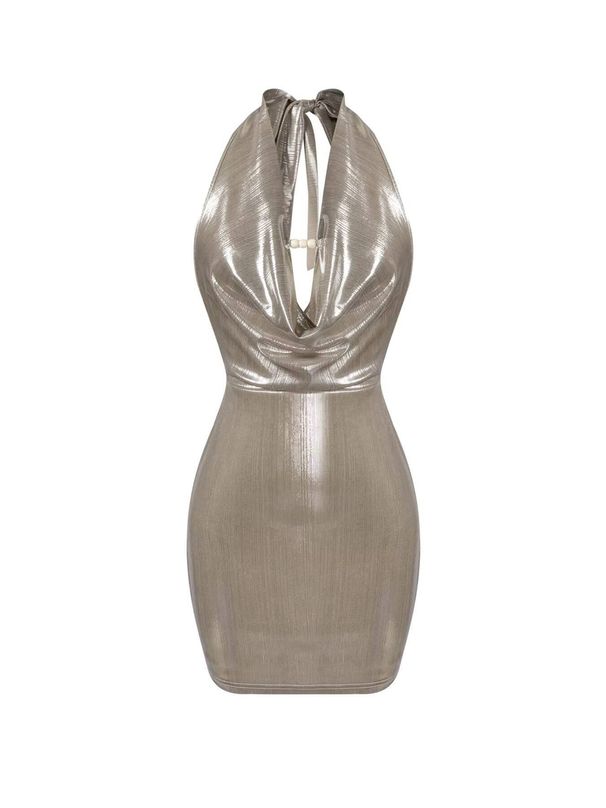 Women Gold Halter Dress Deep V Neck Shiny Metallic Fabric Twist Front Bodycon Mini Sexy Evening Party Club Date_ecoleips.com