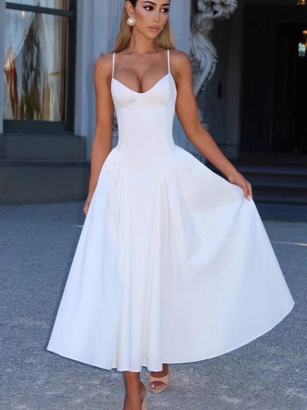 2025 Summer French Gentle Style First Love Temperament Tea Party Tie-Waist Ruched Pure Desire White Strap Dress_ecoleips.com