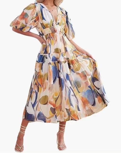 2023 Women's Bohemian Floral Mid-Length Ruched Beach Flowy Dress_ecoleips.com
