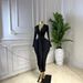 Women's Long Sleeved V Neck Pleated Slit Maxi Dress European American Style Sexy High Elastic_ecoleips.com