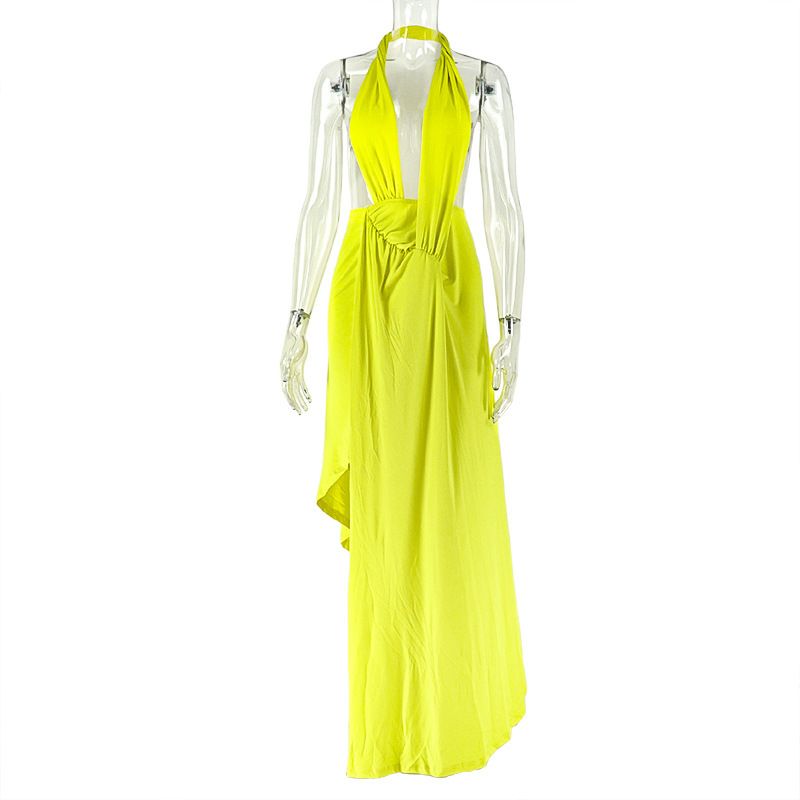 Sexy Solid Color Bandage Bodycon Dress Slim Fit V Neck Halter Wrap Chest Fashion Women's Party Club Evening Dress_ecoleips.com