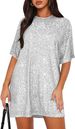 Women's Clothing Round Neck Women's Sequined Dress, Sexy Shimmering T Shirt, Sparkly Short Sleeve, Loose Fit, Party Dress_ecoleips.com