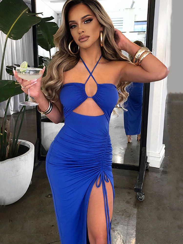 Women's Clothing New Spring Dress Sexy Hot Girl High Slit Wrinkled Halter Style Elegant Bust Showing Long Dress_ecoleips.com