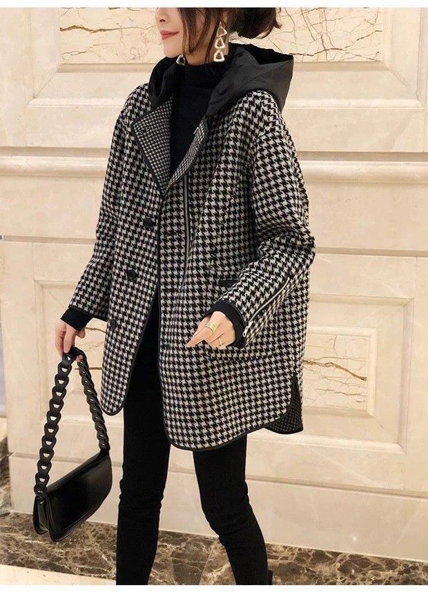 Chic Checkered Hooded Wool Coat For Women – Oversized Longline Trench Coat With Pockets In Classic Houndstooth Pattern_ecoleips.com