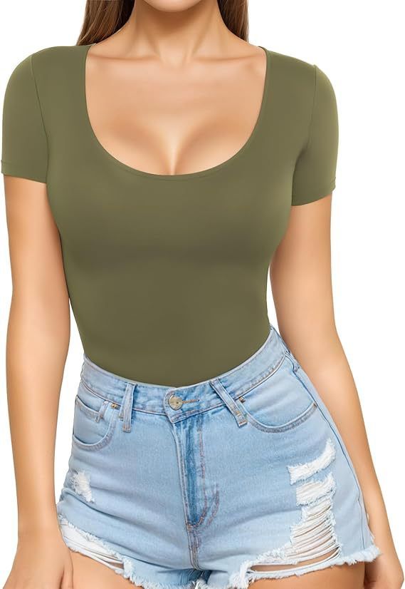 Women's Clothing Sexy Low Round Neck Short Sleeve Slim Fit T Shirt Waist Top T Shirt_ecoleips.com