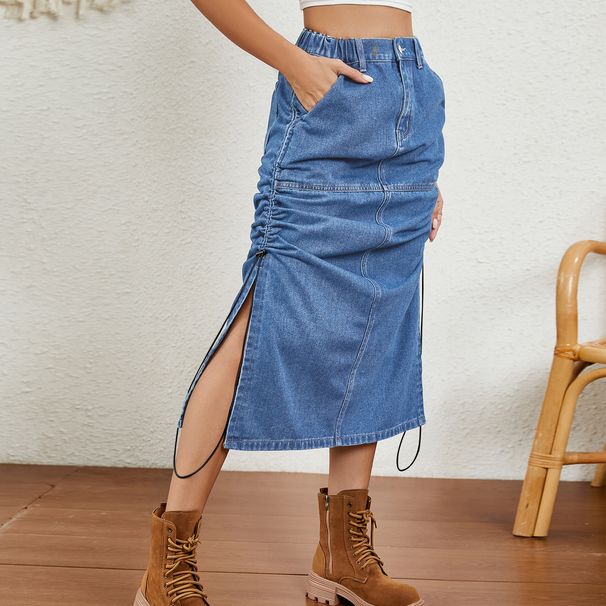 Verve Trade Women's Summer New Washed Elastic Waist Drawstring Denim Midi Skirt_ecoleips.com