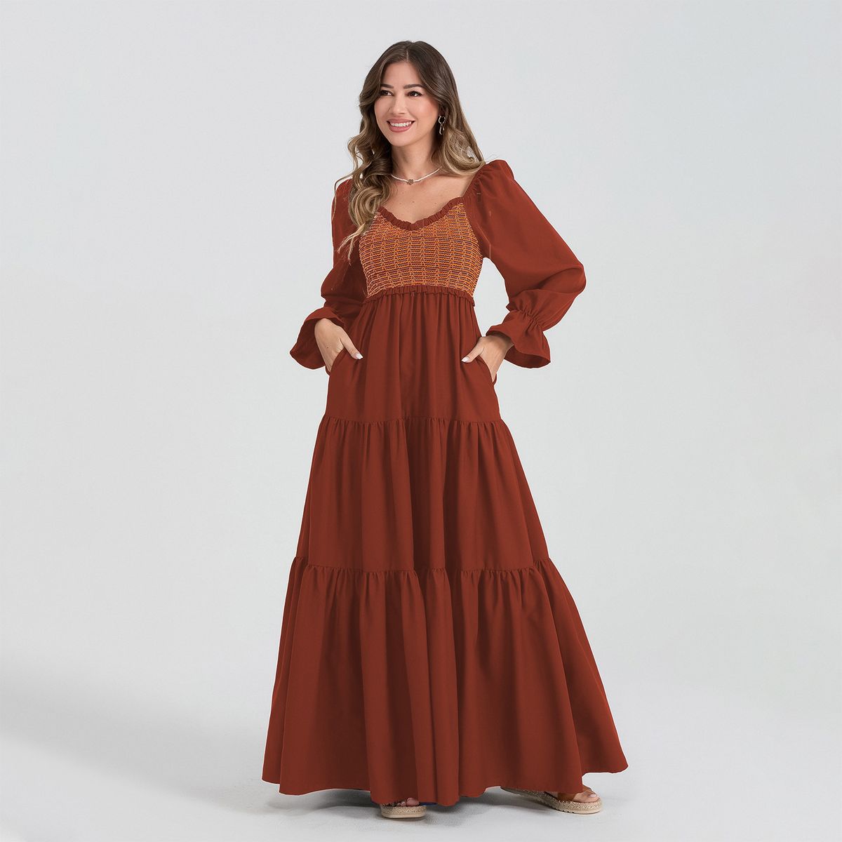 Women's Hot-Selling Long Sleeve Ruched Layered Ruffle Hem Maxi Dress_ecoleips.com