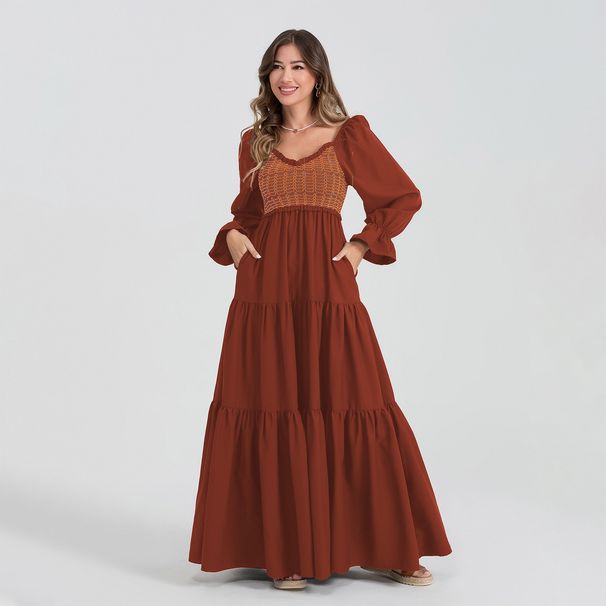 Women's Hot-Selling Long Sleeve Ruched Layered Ruffle Hem Maxi Dress_ecoleips.com