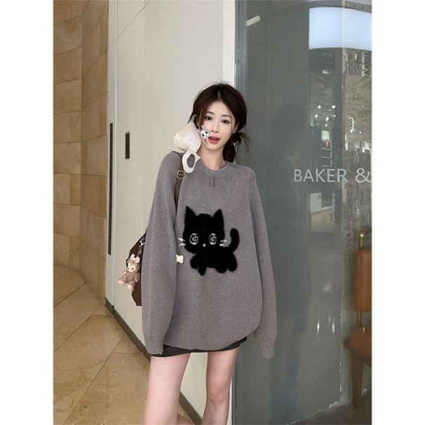 Women's Fall/Winter Loose-Fitting Sloppy-Style Three-Dimensional Cat-Style Mink-Feather Sweater With Hooded Design, Knit_ecoleips.com