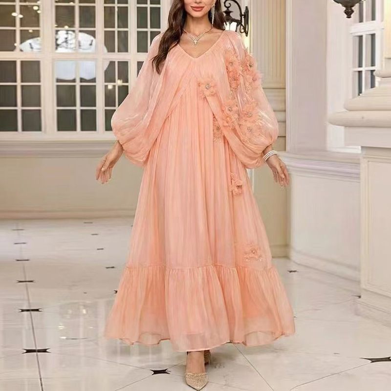 Floral Pleated Long Dress Heavy Duty Summer New Style Loose Fit Slimming Elegant Dress For Women_ecoleips.com