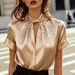 Women's Elegant Satin Shirt With Pearl Embellished Hollow Out Design Short Sleeve Casual Summer Blouse_ecoleips.com