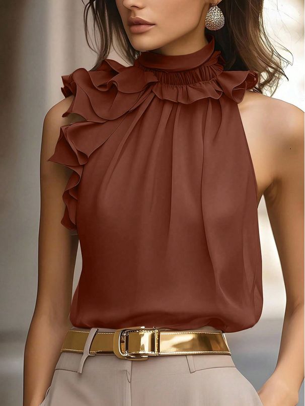 Elegant Petal Neck Halter Off-Shoulder Slim Fit Sleeveless Solid Color Top For Women_ecoleips.com