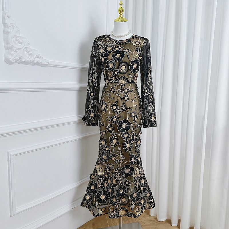 Women's Clothing Colorful Embroidery Handmade Three Dimensional Flower Slim Fishtail Skirt Temperament Dress_ecoleips.com