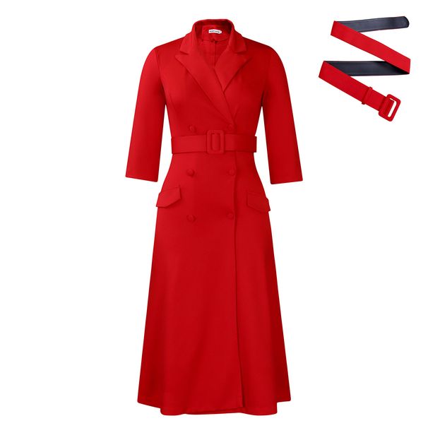 Women’s Clothing women's fashion temperament double breasted suit collar solid color dress medium length dress_ecoleips.com