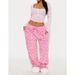 Women Heart Print Plush Pajama Pants Fuzzy Wide Leg Drawstring Loungewear Bottoms Y2k Flannel Valentines Pj Trousers_ecoleips.com