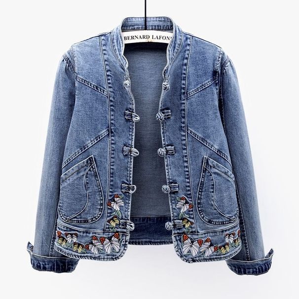 Vintage Denim Jacket Women's Short Sleeve Embroidery, Slim Fit Stretchy Casual Blouse, Spring Fall Fashion (S-3XL)_ecoleips.com