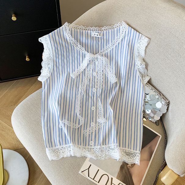 Women's Clothing Real Shot Spot Women's Summer Design Striped Shirt Blouse Lace Lace Shirt Female_ecoleips.com