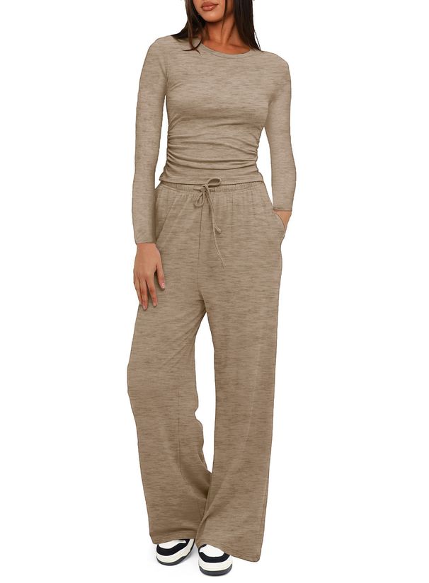 New Arrival Women's Solid Color Casual Set Top High Waisted Wide Leg Pants Sportswear Long Sleeved High Waist Wide Leg_ecoleips.com