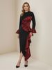 Freeacy Women's Black Red Ruffled Dress High Neck Long Sleeves High Waist Slim Fit Midi Dress Female Elegant Evening Dresses_ecoleips.com