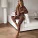 Women's Chocolate Brown Hooded Sweatshirt & Sweatpants Set – Single-Breasted Button Lace Long Sleeve Two-Piece Outfit (S-XXL)_ecoleips.com