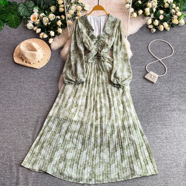 Women's French Style Elegant V Neck Dress Summer Slimming Flattering Lantern Sleeve Pleated Hem_ecoleips.com