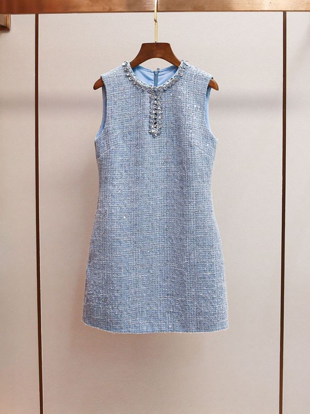 Mist Blue Sequin Vest Dress - Diamond Hollow Sexy Round Neck Early Spring Style _ecoleips.com