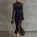 Women Elegant Lace Hollow Hem Irregular Dress Casual Long Sleeve Slim Long Dresses 2026 Spring Fashion Turtleneck Mermaid Dress_ecoleips.com