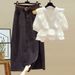 Plus Size Women's Summer Outfit Set: V-Neck Blouse & High-Waist Denim Skirt For Curvy Ladies_ecoleips.com