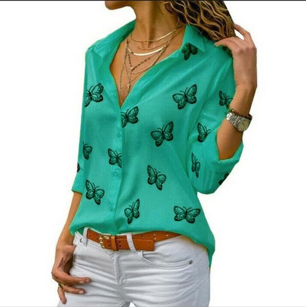 Women's Multicolor Butterfly Print Loose Lapel Shirt Long Sleeve Casual Top Fashionable Stylish_ecoleips.com