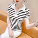 Women's Clothing Summer New Color Matching Striped Short Sleeved T Shirt Women's Slim And Versatile Contrast Color Collar T Shirt Women_ecoleips.com