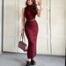 Women's Clothing Elegant High Neck Slim Fit Knit Dress & Cardigan Set For Women - Autumn Winter Long Sleeve Turtleneck Outfit In Maroon & Beige_ecoleips.com