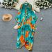 Women's Resort Print Patchwork Maxi Dress – Elegant A-Line Wrap Dress With Floral Design (One Size Fits Most)_ecoleips.com
