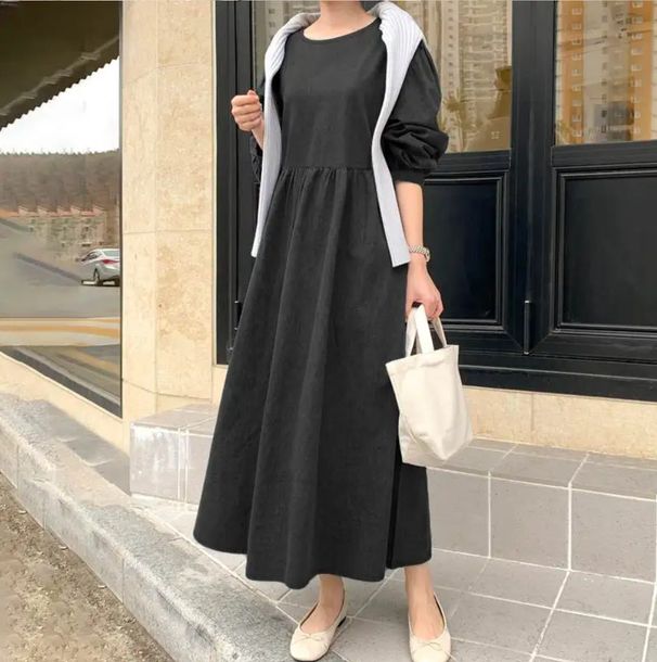 Muslim Dress Women Bohemian Denim Maxi Dress – Round Neck Long Sleeve Loose Fit Casual Elegant Dress (Black/Navy Blue/Bluish, S-2XL)_ecoleips.com