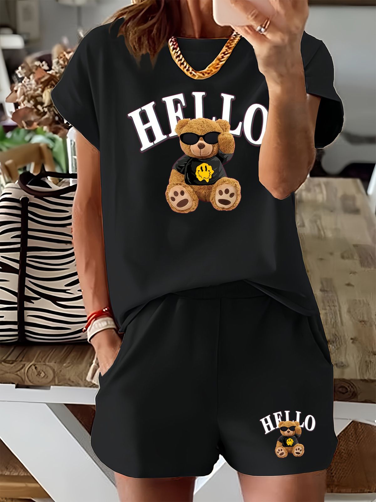 Women’s 2 Piece Outfit Set – Oversized Graphic T-Shirt And Biker Shorts Matching Set, Casual Summer Lounge Tracksuit For Daily Wear-304_ecoleips.com