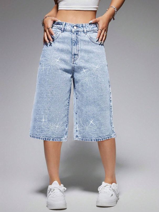 Women's High Waisted Denim Shorts Light Blue Washed Rhinestone Firework Detail Sexy Style Factory Direct Wholesale Bottoms_ecoleips.com