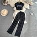 Fashion Set For Women: Sexy Crop Top With Letter Print T-Shirt And High-Waisted Slimming Cargo Wide-Leg Pants_ecoleips.com