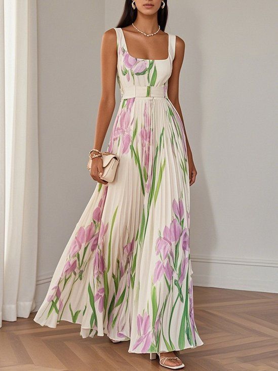 Pleated Print Dress For Women New Trendy Spring/Summer Regular Fit Adult_ecoleips.com