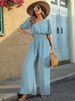 K Women's Jumpsuit Buttoned Short Sleeved V-neck Neck Pleated Jumpsuit Casual Wide Leg Pants_ecoleips.com