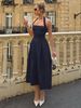 Hugcitar Women Elegant Halter Sleeveless Ruched Frill Zipper Sexy Solid Maxi Dress Summer Fashion Party Birthday Vacation Outfit_ecoleips.com