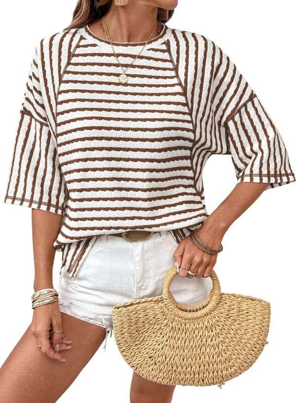 Women's Casual Striped Short Sleeve T-Shirt - Relaxed Fit, Round Neck, Color Block Design, Breathable Polyester Fabric_ecoleips.com