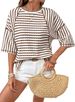 Women's Casual Striped Short Sleeve T-Shirt - Relaxed Fit, Round Neck, Color Block Design, Breathable Polyester Fabric_ecoleips.com